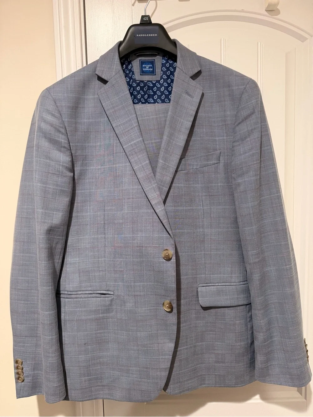 Society Of Threads Light Blue Plaid Men's Suit